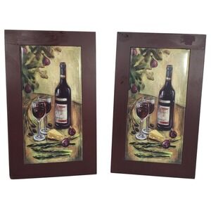 Vintage Wine and Cheese Wall Art Plaques Trivets Set of 2 Burgundy Kitchen Decor